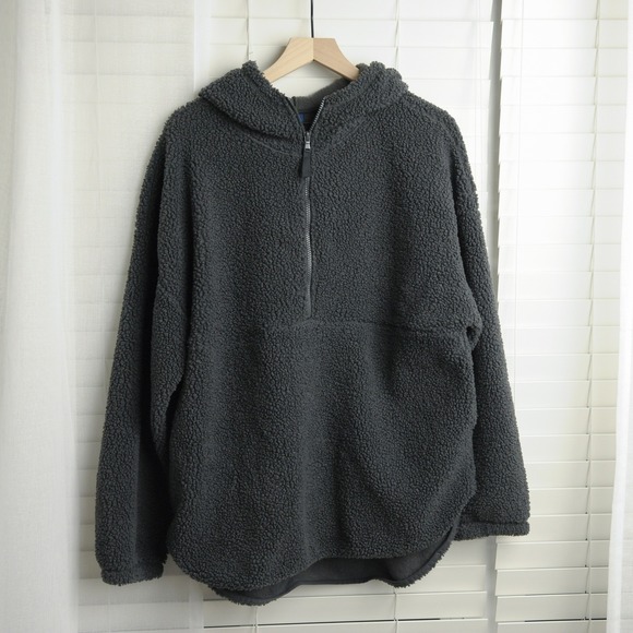 Old Navy Tops - Old Navy Oversized Sherpa Hoodie Teddy Fleece Pullover L Charcoal Gray Cozy